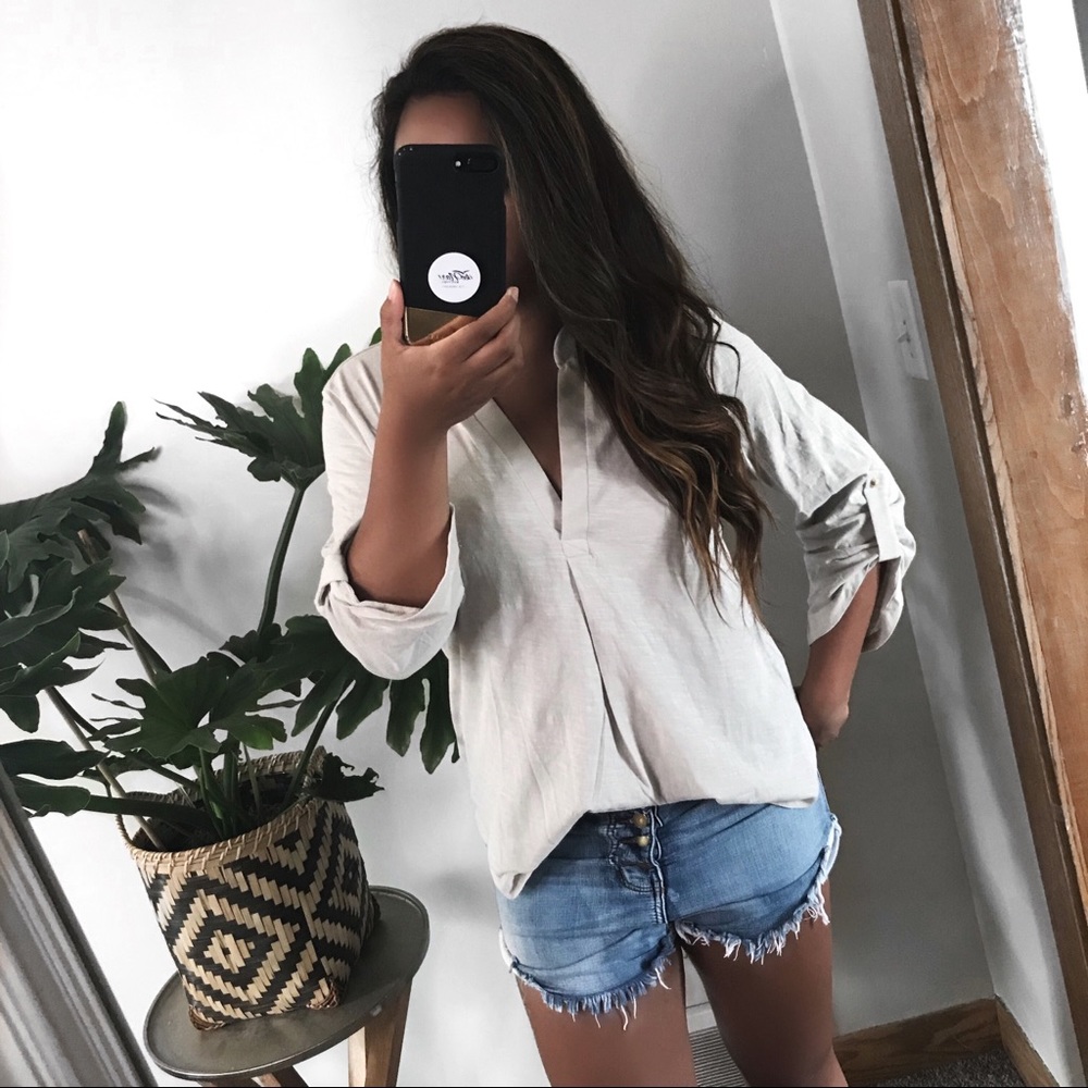 Megan V-Neck Cotton Top - Light Beige - Picture 2 of 6